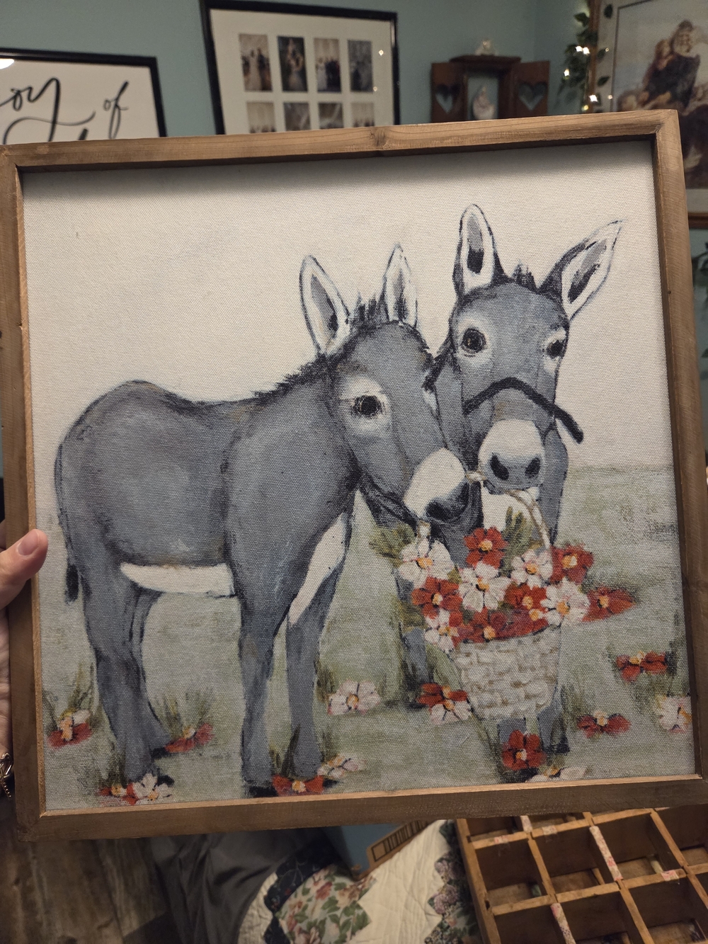 Creative Co-Op Gray Donkey Pair Canvas Art with Red and White Flowers